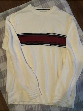 St. John's Bay Cream Crewneck Sweater with Maroon Chest Stripe size Medium